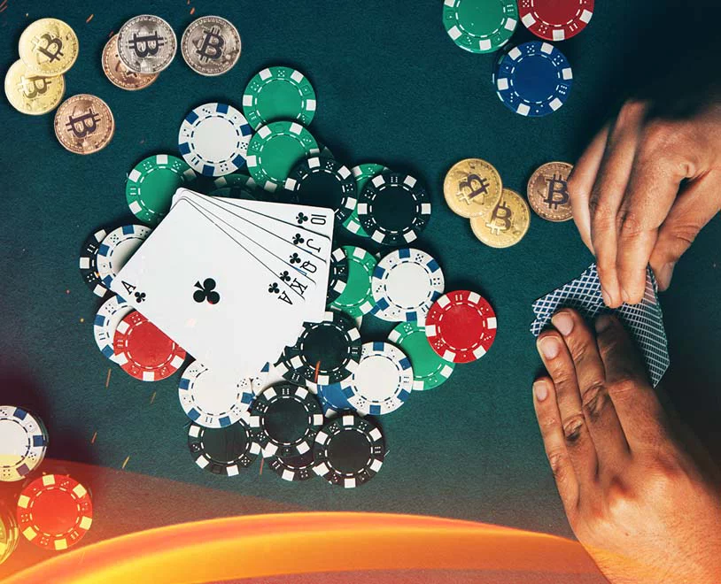 poker cards with regular and bitcoin chips